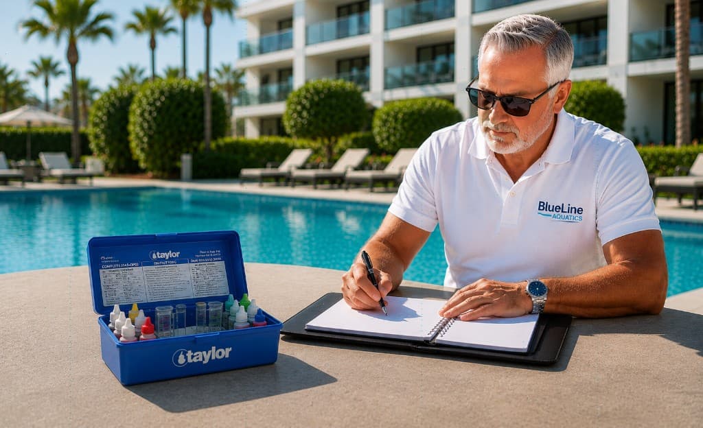 Paul Jones conducting on-site aquatic consulting at a commercial pool facility
